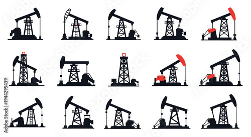 Collection of Oil Pump Jack Silhouettes on White Background