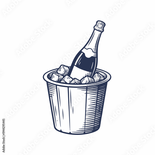 Champagne bottle in ice bucket. Vintage hand drawn vector graphic. Celebration and luxury concept isolated on white