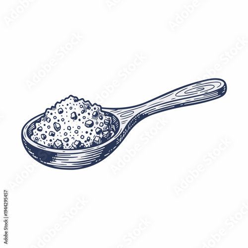 Brown sugar scrub on wooden spoon. Vintage woodcut style vector graphic. Spa and skincare ingredient concept