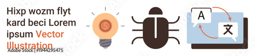 Cybersecurity, innovation, translation, software bugs, digital security, technology. Includes a bug icon, light bulb and digital translation symbols. Cybersecurity and innovation concepts visually