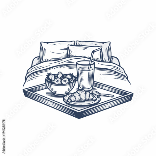 Wallpaper Mural Breakfast tray on bed with fruit and juice. Vintage woodcut style vector graphic. Morning meal and hotel service concept Torontodigital.ca
