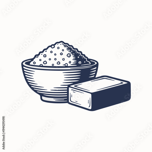 Bowl of bath salt and bar of soap. Vintage line art graphic of hygiene and skincare products. Retro engraving style vector of spa accessories