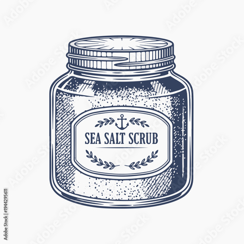 Sea salt body scrub in a glass jar. Vintage flat vector graphic. Skincare and spa product concept. Isolated on white background