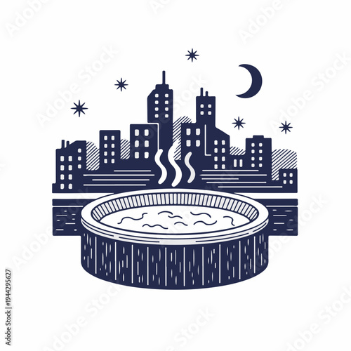 Rooftop jacuzzi at night with city skyline. Vintage flat vector graphic. Urban spa and relaxation concept. Isolated on white background