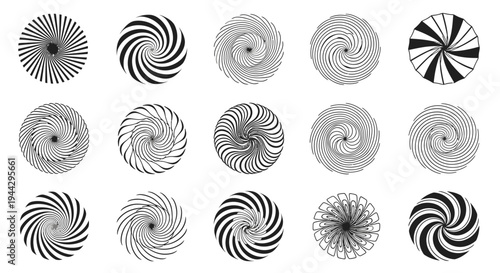 Set of Fifteen Black and White Circular Spiral Vector Patterns