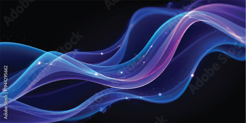Abstract blue and purple smoke waves create a smooth flowing motion pattern with soft curves and swirling shapes against a dark black backdrop