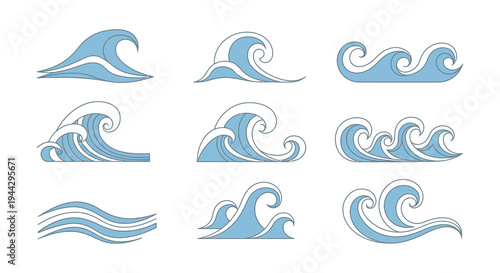 Set of Nine Blue Stylized Ocean Wave Icon Illustrations