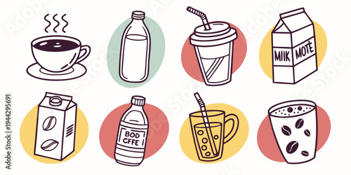 Assorted beverages and fruits in a playful cartoon illustration