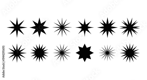 Set of Twelve Black Star and Sparkle Geometric Icons