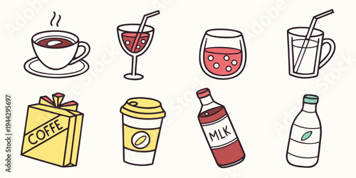 Assorted beverages and snacks including coffee, wine, beer, soda, and packaged items