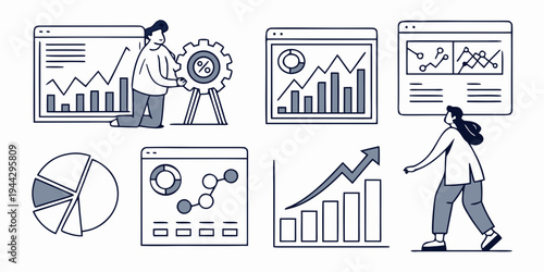 Illustration of people analyzing various business and financial data charts and graphs