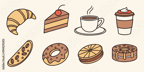 Assorted pastries and beverages including coffee and cappuccino on a table