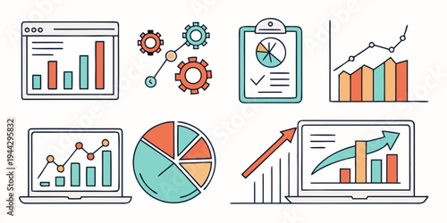 A collection of business and financial icons representing data analysis and management.