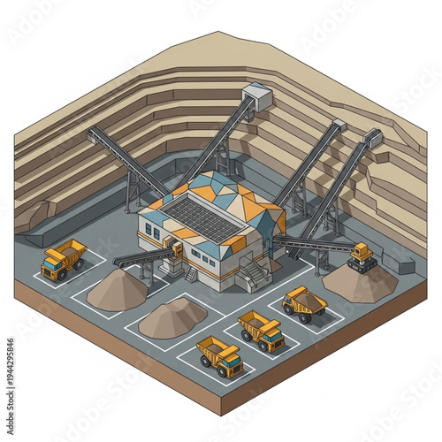 Isometric illustration of an open-pit mine with mining equipment and processing plant, showing extraction and transportation of raw materials.