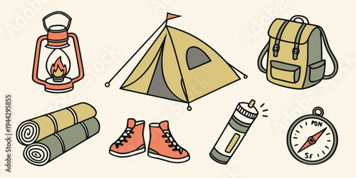 A collection of camping gear including a tent, sleeping bag, backpack, and more.