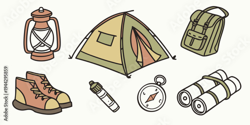 Various camping and hiking equipment including a tent, backpack, shoes, and compass