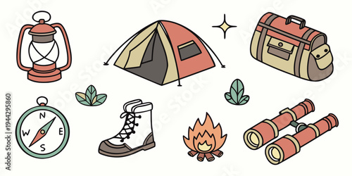 A collection of camping equipment including a tent, sleeping bag, and various gear.