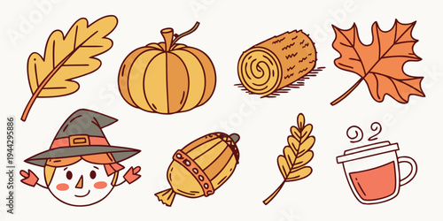 A delightful assortment of autumn-themed illustrations featuring a witch, pumpkins, and leaves