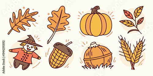 A delightful illustration of autumn leaves, a pumpkin, and acorns