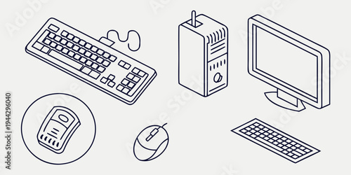 A collection of computer components including a monitor, keyboard, mouse, and tower