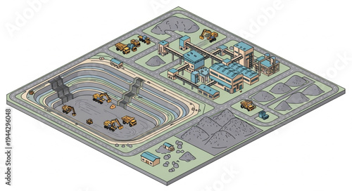 Isometric illustration of a large-scale open-pit mining operation with processing plant and heavy machinery.