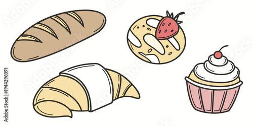 Assorted pastries including a baguette, croissant, strawberry tart, and cupcake