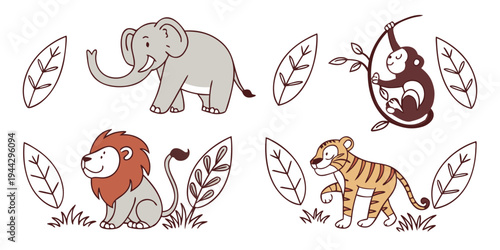 A diverse group of animals including an elephant, a bird, a fish, a tiger, and a tortoise