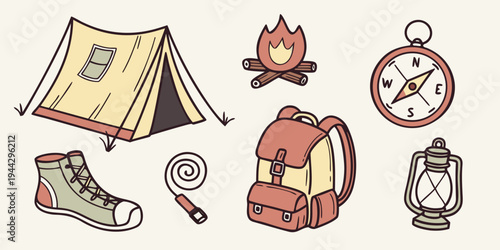 A collection of camping and hiking gear including a tent, boots, and a backpack