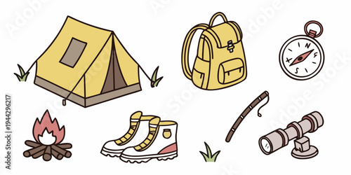 Outdoor adventure equipment including a tent, backpack, shoes, and compass.