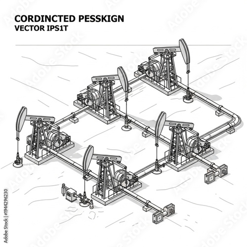 Isometric illustration of an oil field with multiple pumpjacks connected by pipelines for petroleum extraction.
