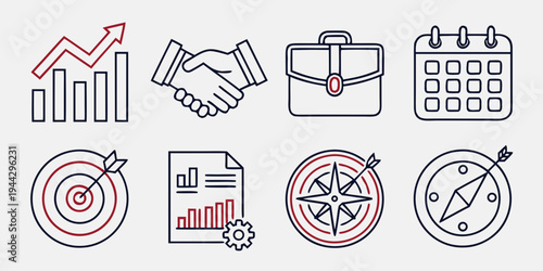 Set of icons representing various business and finance concepts and activities