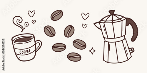 A steaming cup of coffee with hearts and coffee beans around it