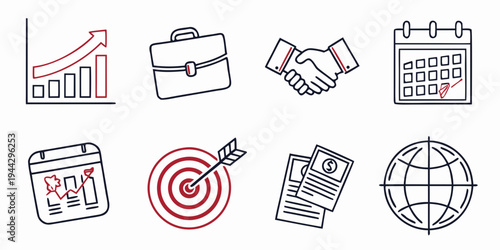 Set of icons representing business, planning, and project management concepts