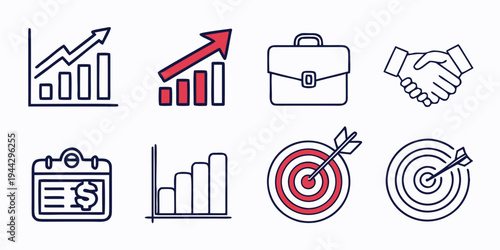 A collection of icons representing business, finance, and marketing concepts