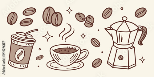A delightful illustration of coffee beans, a cup of coffee, and a coffee maker