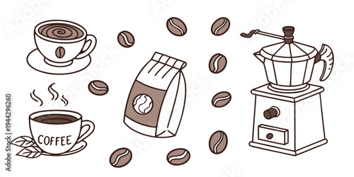 Various coffee beans, a coffee maker, and cups of coffee are illustrated in a whimsical style.