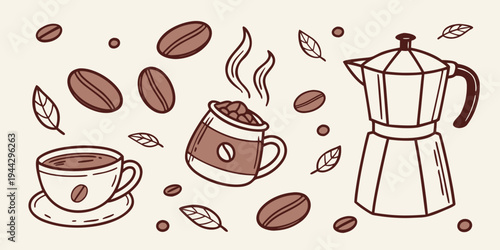 A whimsical illustration of coffee beans, cups, and a coffee maker in a playful arrangement