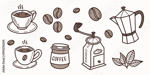 Assorted coffee beans, cups, and brewing equipment illustrated in a vintage style