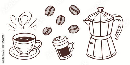 A stylized illustration of a coffee pot, cups, and coffee beans on a white background