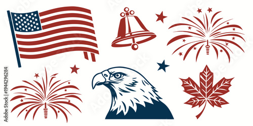 A collection of patriotic symbols including the american flag, eagle, and fireworks