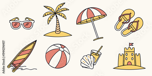 Assorted beach items including sunglasses, umbrella, beach ball, and sandcastle