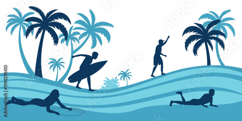 Two surfers riding waves under palm trees in a tropical ocean setting