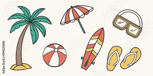 Assorted beach items including a palm tree, beach ball, and surfboard