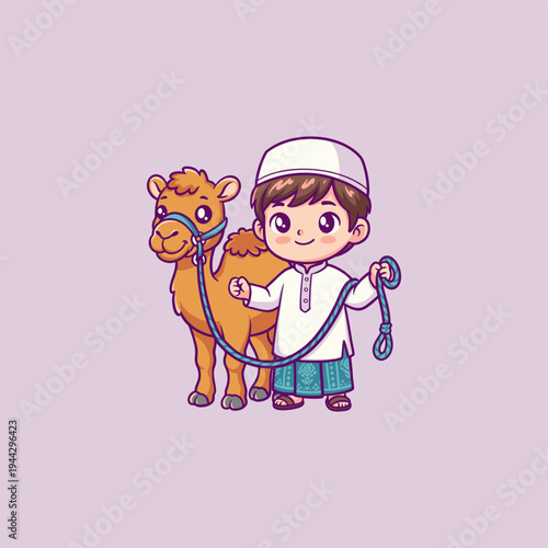 Boy Holding Camel Leash Eid Adha