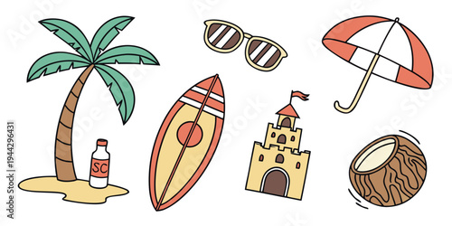 Assorted beach items including a surfboard, umbrella, and coconut on a sunny day