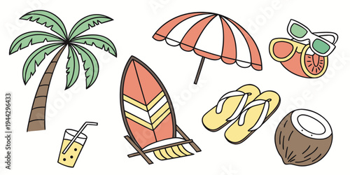 A vibrant illustration of tropical beach items including a palm tree, umbrella, and sandals
