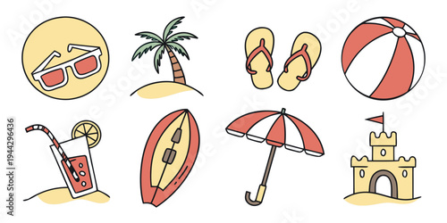 A delightful collection of beach-themed objects including a palm tree, umbrella, and beach ball