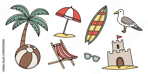 A vibrant beach scene with palm trees, surfboards, and various beach items.