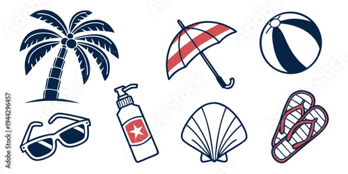 Assorted beach and summer-themed icons including a palm tree, umbrella, and seashell