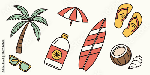 Assorted beach items including a surfboard, sandals, and a palm tree